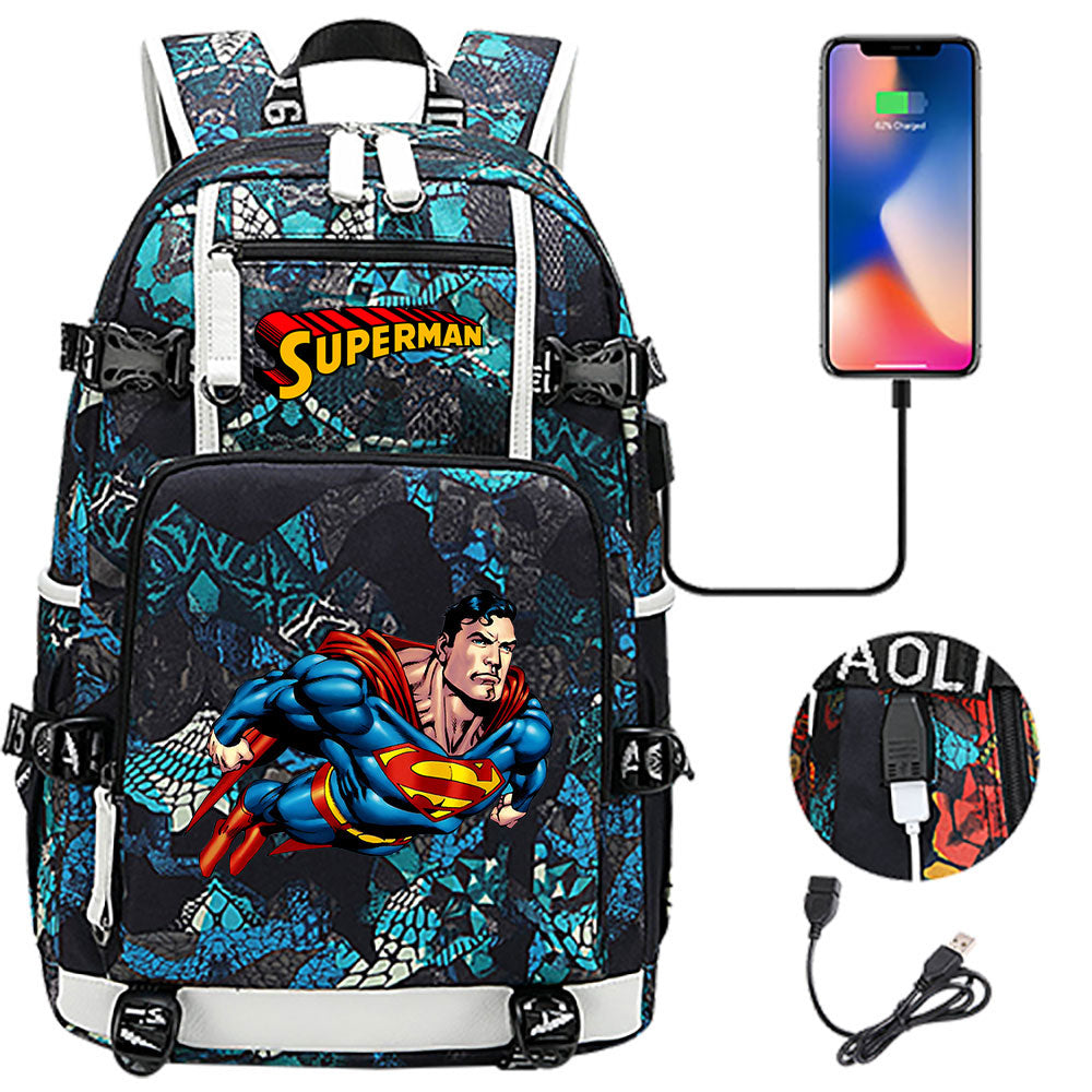 Superhero Superman USB Charging Backpack School NoteBook Laptop Travel Bags