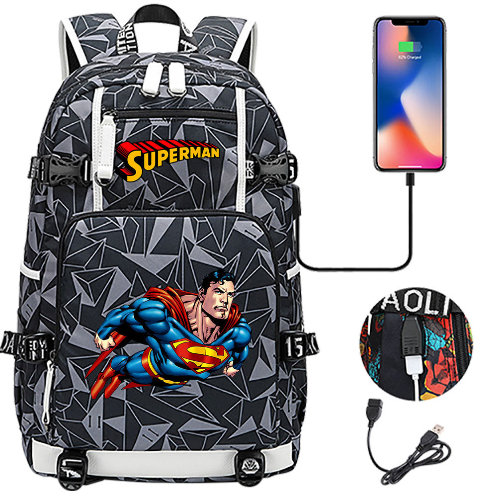 Superhero Superman USB Charging Backpack School NoteBook Laptop Travel Bags