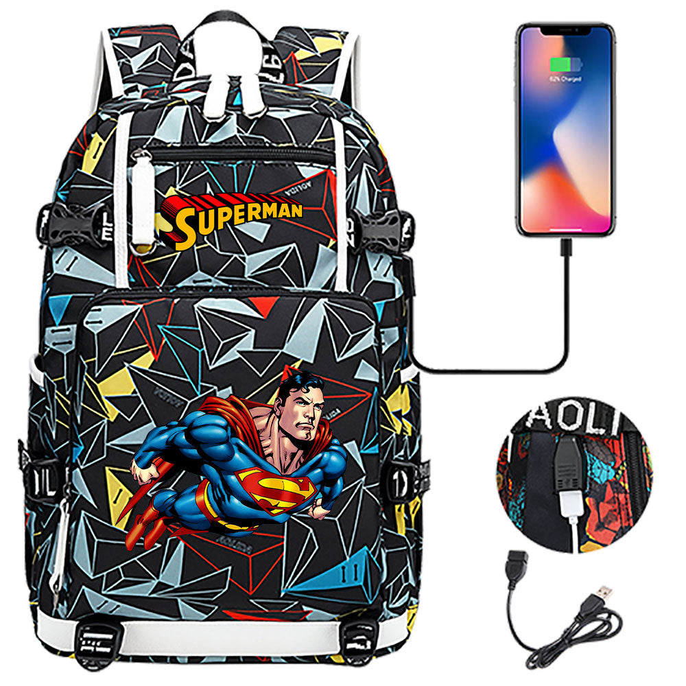 Superhero Superman USB Charging Backpack School NoteBook Laptop Travel Bags