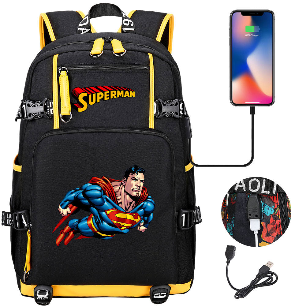 Superhero Superman USB Charging Backpack School NoteBook Laptop Travel Bags