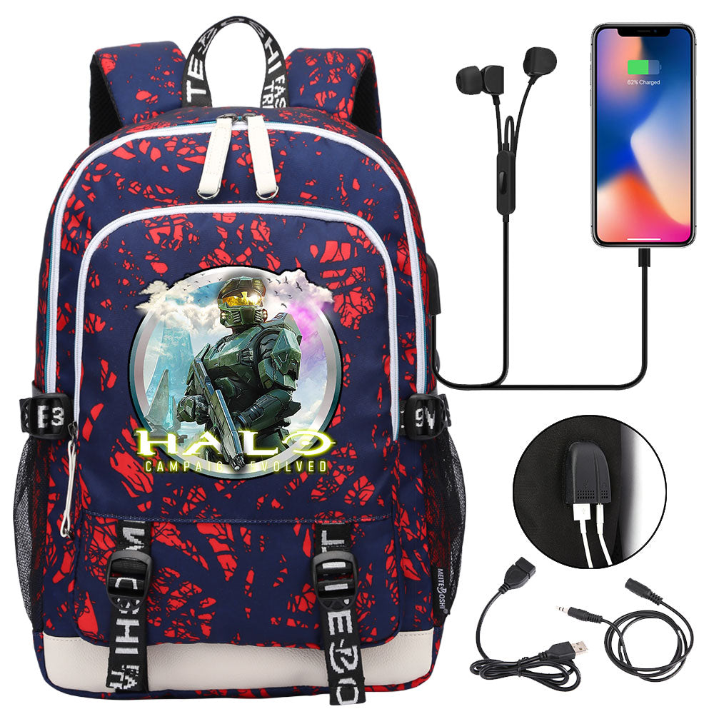 Halo Infinite USB Charging Backpack School Note Book Laptop Travel Bags