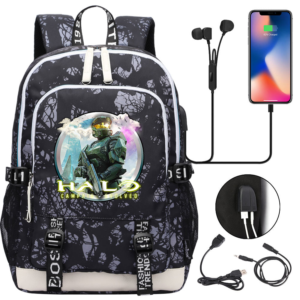 Halo Infinite USB Charging Backpack School Note Book Laptop Travel Bags