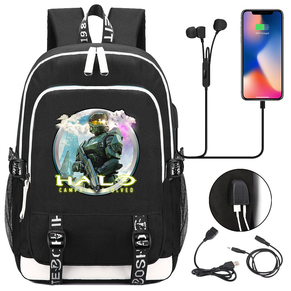 Halo Infinite USB Charging Backpack School Note Book Laptop Travel Bags