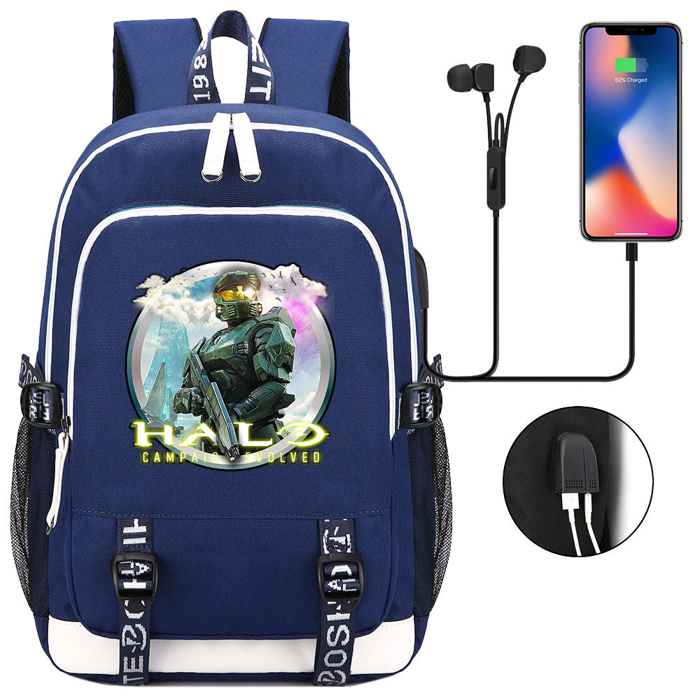 Halo Infinite USB Charging Backpack School Note Book Laptop Travel Bags