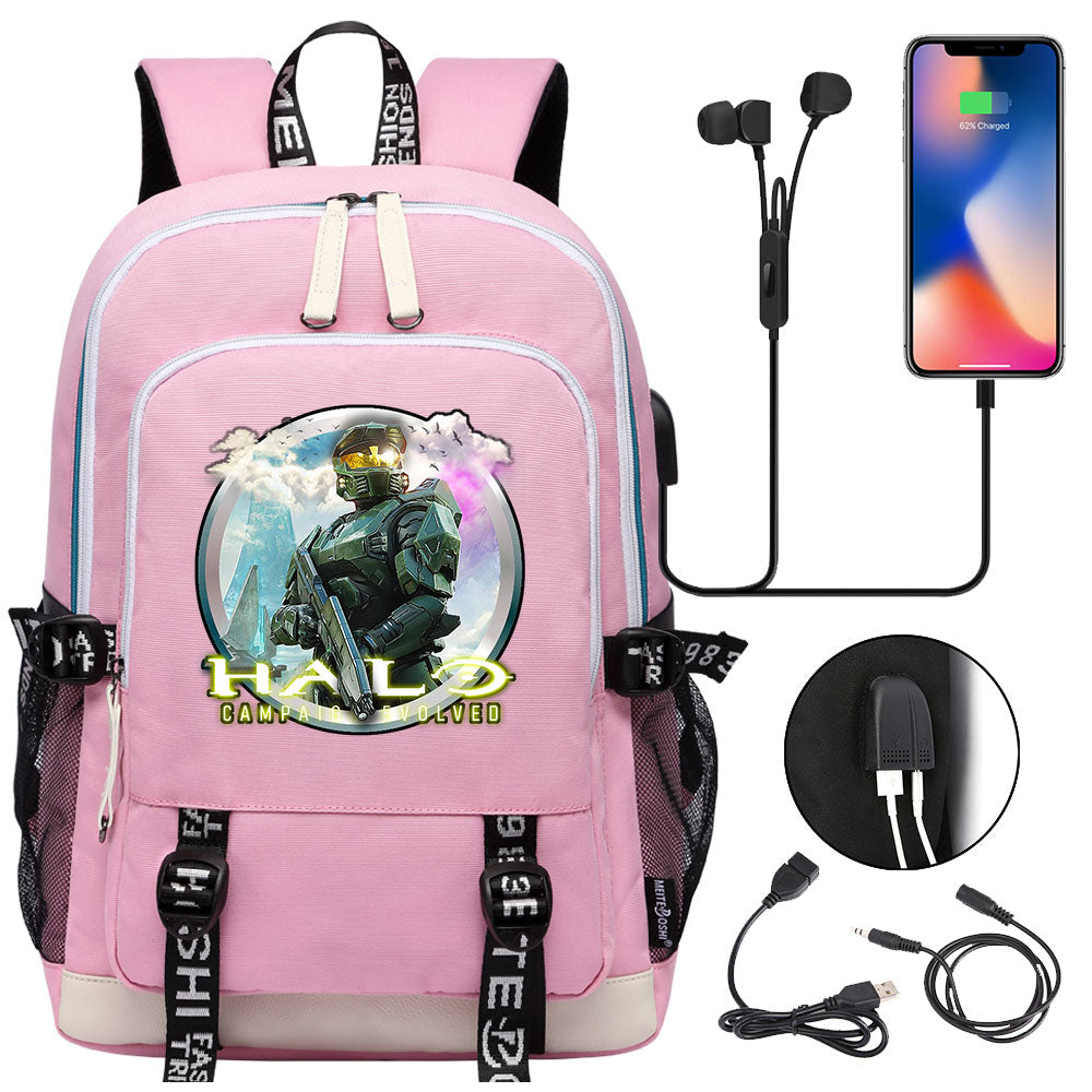 Halo Infinite USB Charging Backpack School Note Book Laptop Travel Bags