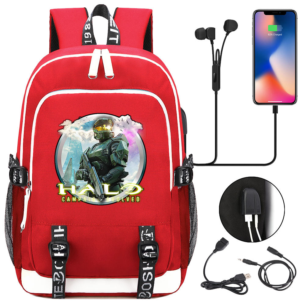Halo Infinite USB Charging Backpack School Note Book Laptop Travel Bags