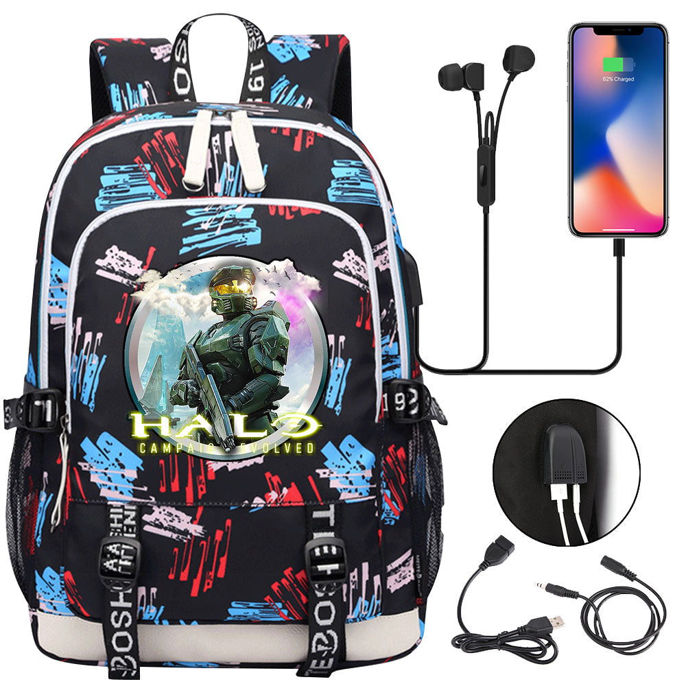 Halo Infinite USB Charging Backpack School Note Book Laptop Travel Bags