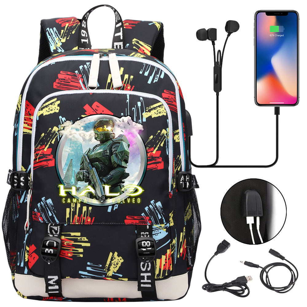 Halo Infinite USB Charging Backpack School Note Book Laptop Travel Bags