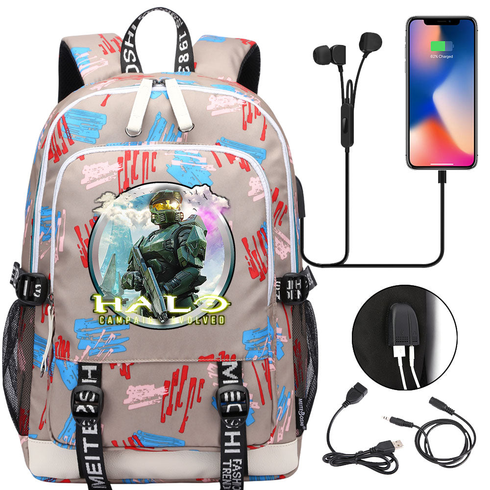 Halo Infinite USB Charging Backpack School Note Book Laptop Travel Bags