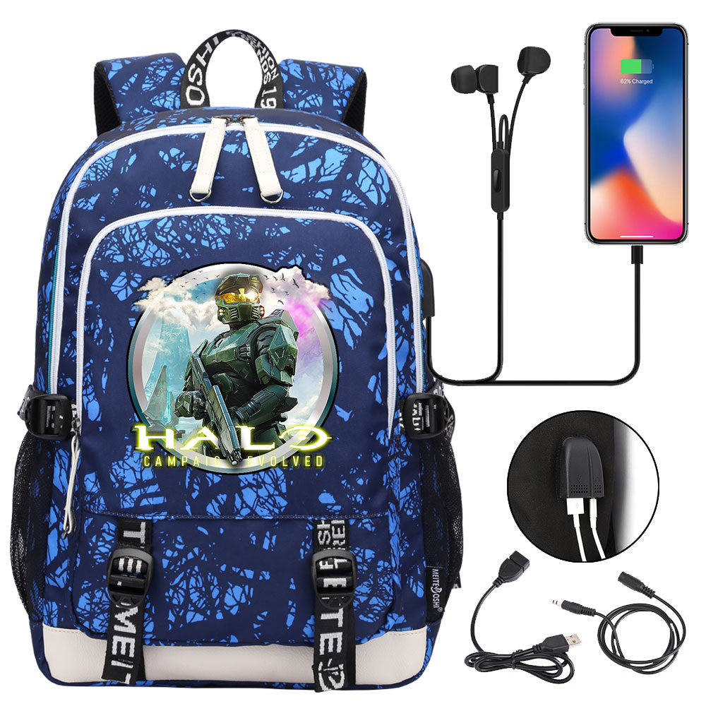 Halo Infinite USB Charging Backpack School Note Book Laptop Travel Bags