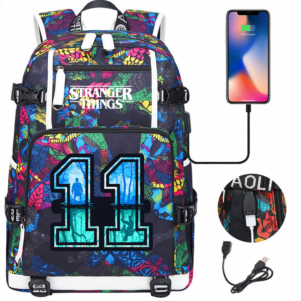 Strangers Things 11 USB Charging Backpack School NoteBook Laptop Travel Bags