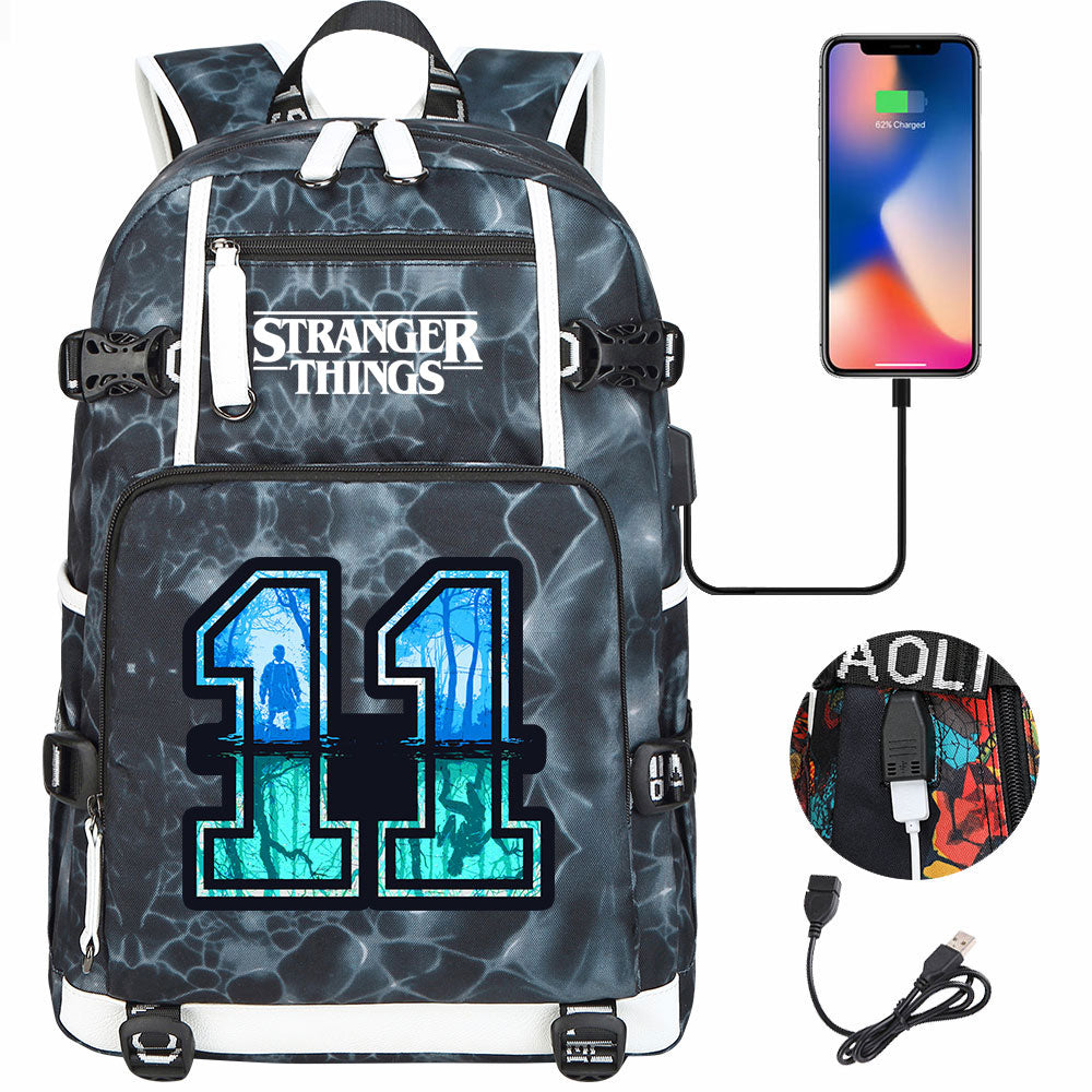 Strangers Things 11 USB Charging Backpack School NoteBook Laptop Travel Bags