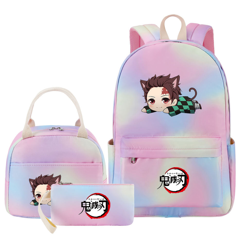 Demon Slayer Kimetsu No Yaiba Kamado Tanjiro  Pink Starry Sky SchoolBag Backpack Lunch Box Bag Book Pencil Bags 3pcs Set