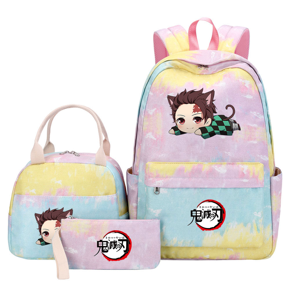Demon Slayer Kimetsu No Yaiba Kamado Tanjiro  Pink Starry Sky SchoolBag Backpack Lunch Box Bag Book Pencil Bags 3pcs Set