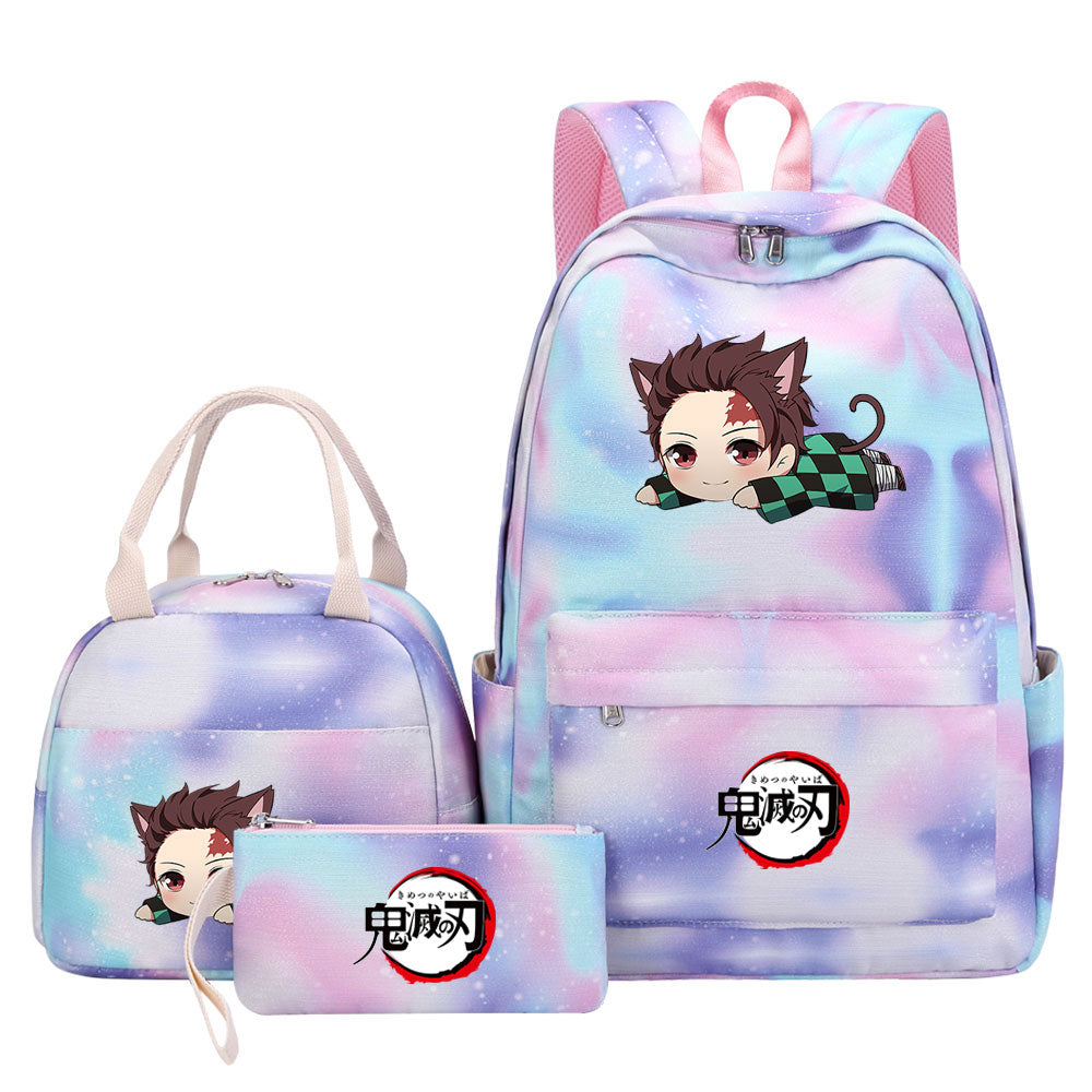 Demon Slayer Kimetsu No Yaiba Kamado Tanjiro  Pink Starry Sky SchoolBag Backpack Lunch Box Bag Book Pencil Bags 3pcs Set