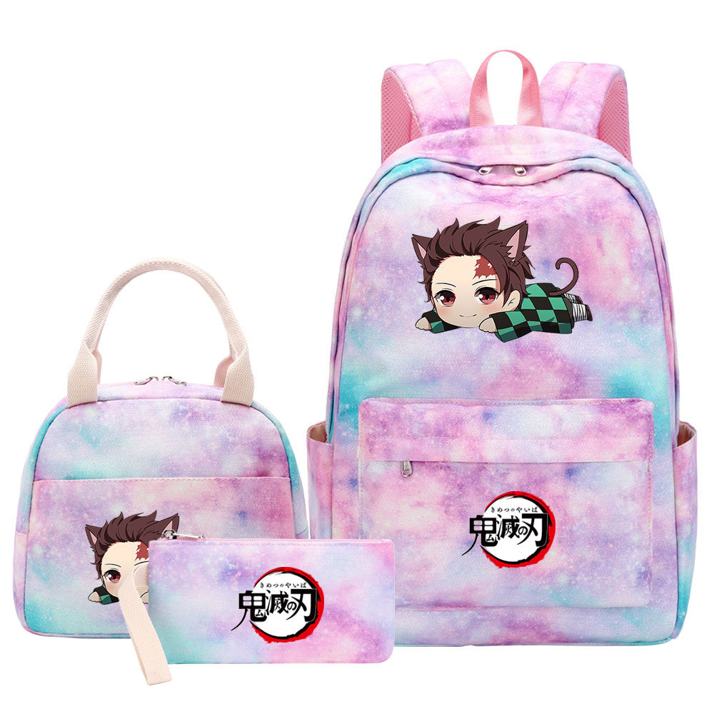 Demon Slayer Kimetsu No Yaiba Kamado Tanjiro  Pink Starry Sky SchoolBag Backpack Lunch Box Bag Book Pencil Bags 3pcs Set