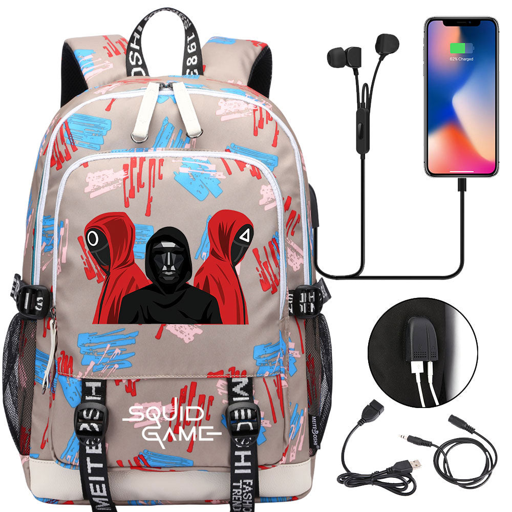 Squid Game USB Charging Backpack School Note Book Laptop Travel Bags
