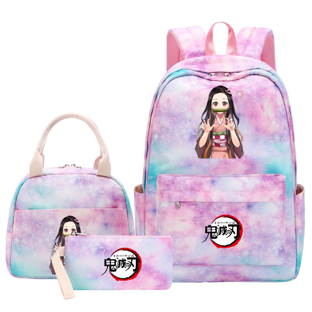 Demon Slayer Kimetsu No Yaiba Kamado Nezuko Pink Starry Sky SchoolBag Backpack Lunch Box Bag Book Pencil Bags 3pcs Set
