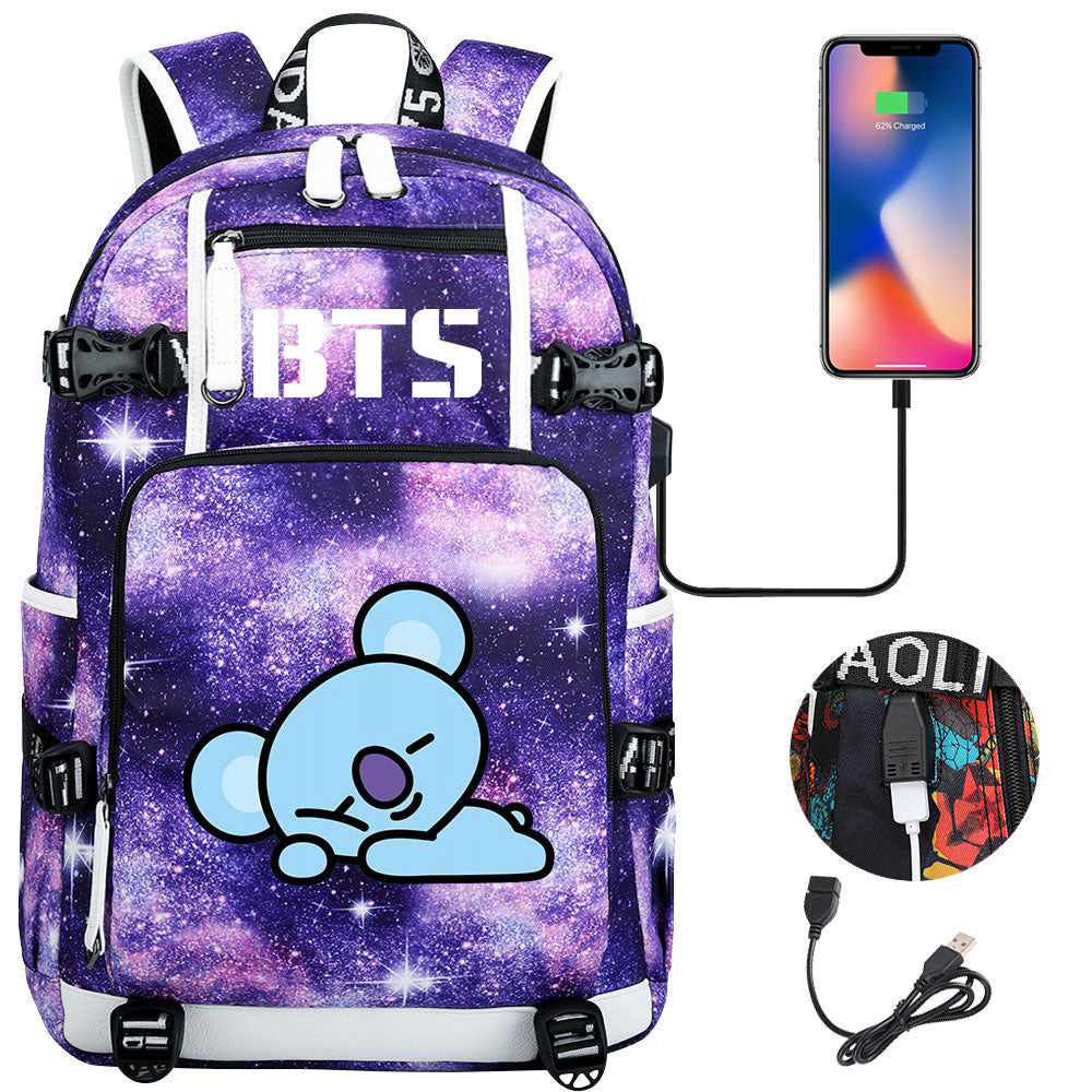 BTS Cartoon Koya USB Charging Backpack School NoteBook Laptop Travel Bags