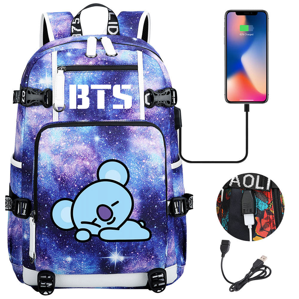 BTS Cartoon Koya USB Charging Backpack School NoteBook Laptop Travel Bags