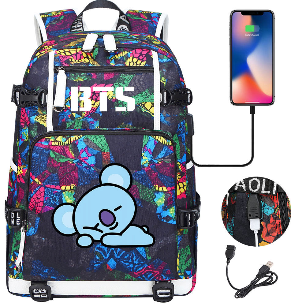 BTS Cartoon Koya USB Charging Backpack School NoteBook Laptop Travel Bags