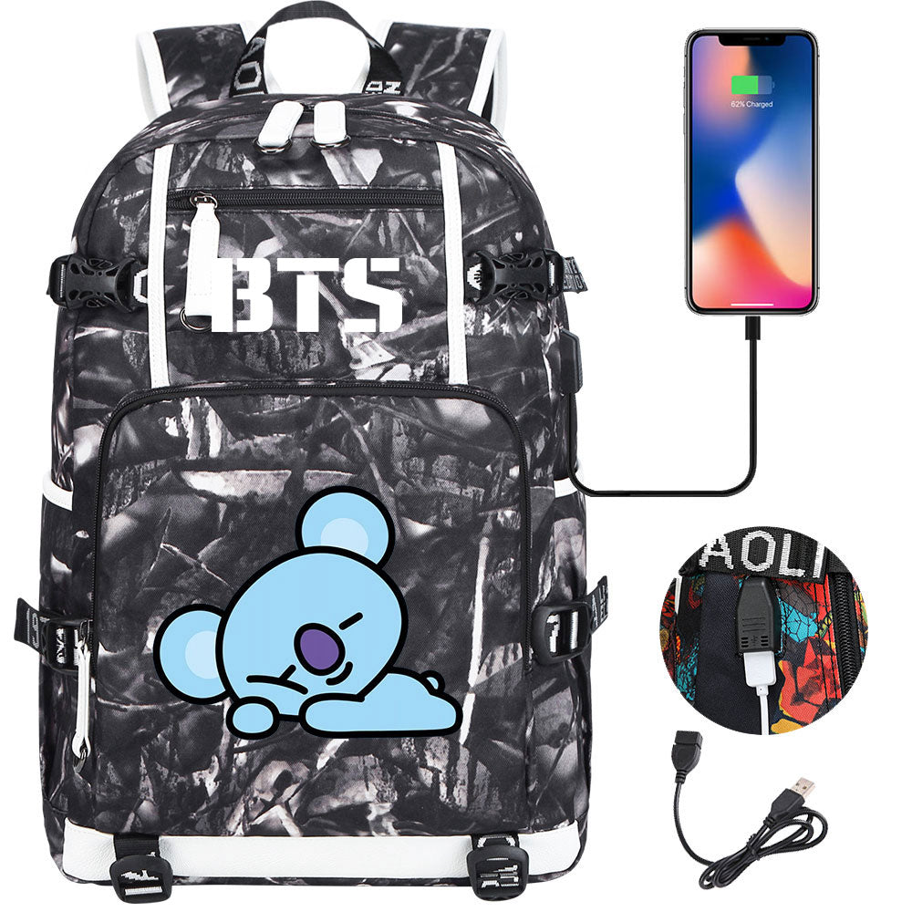 BTS Cartoon Koya USB Charging Backpack School NoteBook Laptop Travel Bags