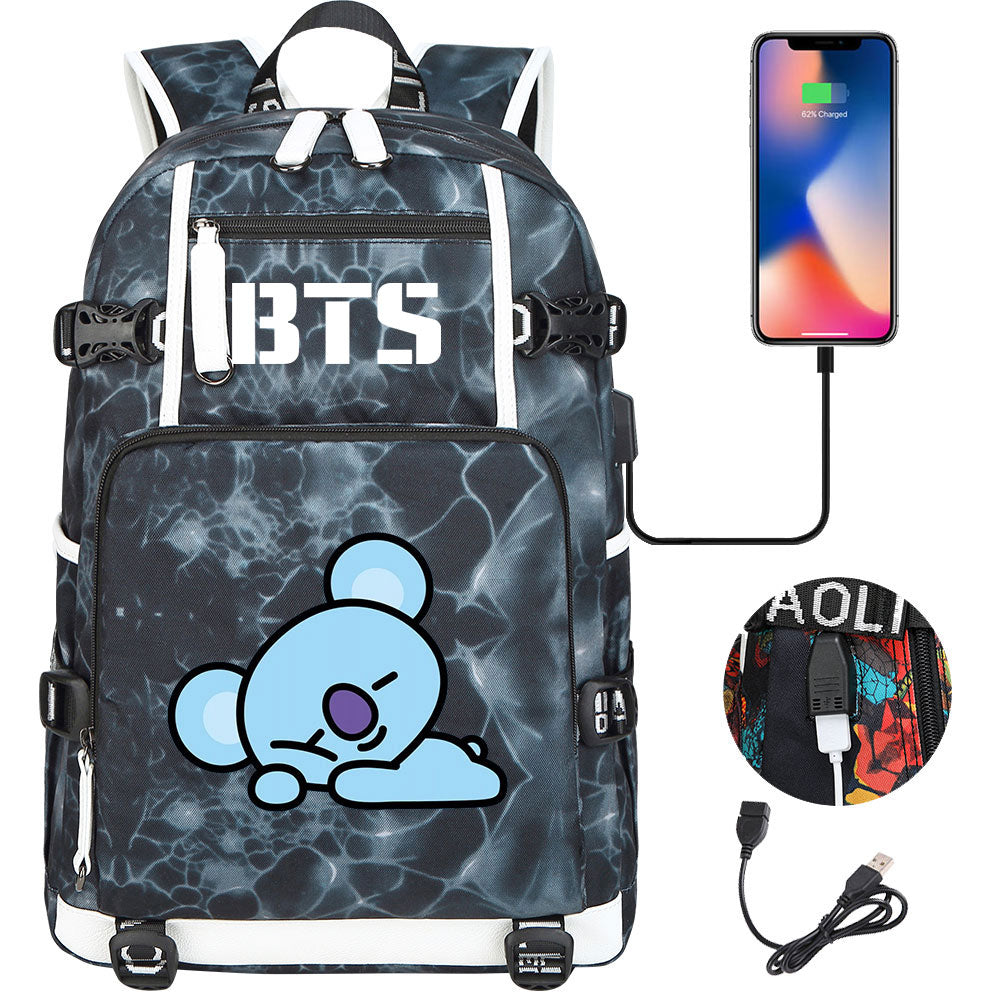 BTS Cartoon Koya USB Charging Backpack School NoteBook Laptop Travel Bags