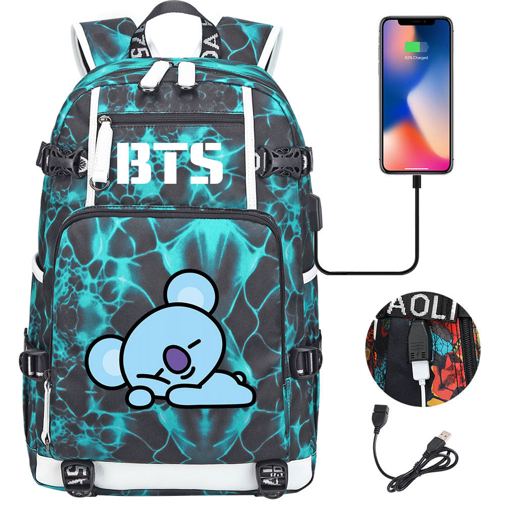 BTS Cartoon Koya USB Charging Backpack School NoteBook Laptop Travel Bags