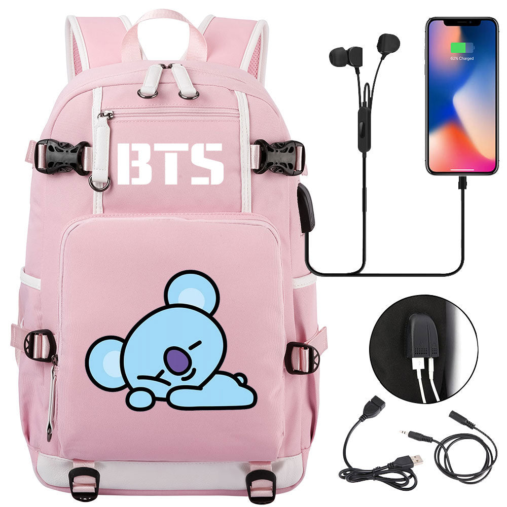 BTS Cartoon Koya USB Charging Backpack School NoteBook Laptop Travel Bags