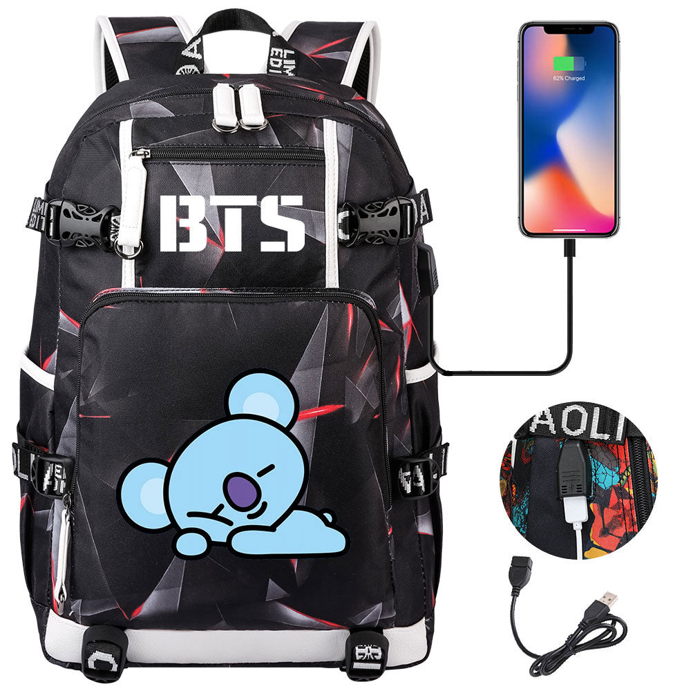 BTS Cartoon Koya USB Charging Backpack School NoteBook Laptop Travel Bags