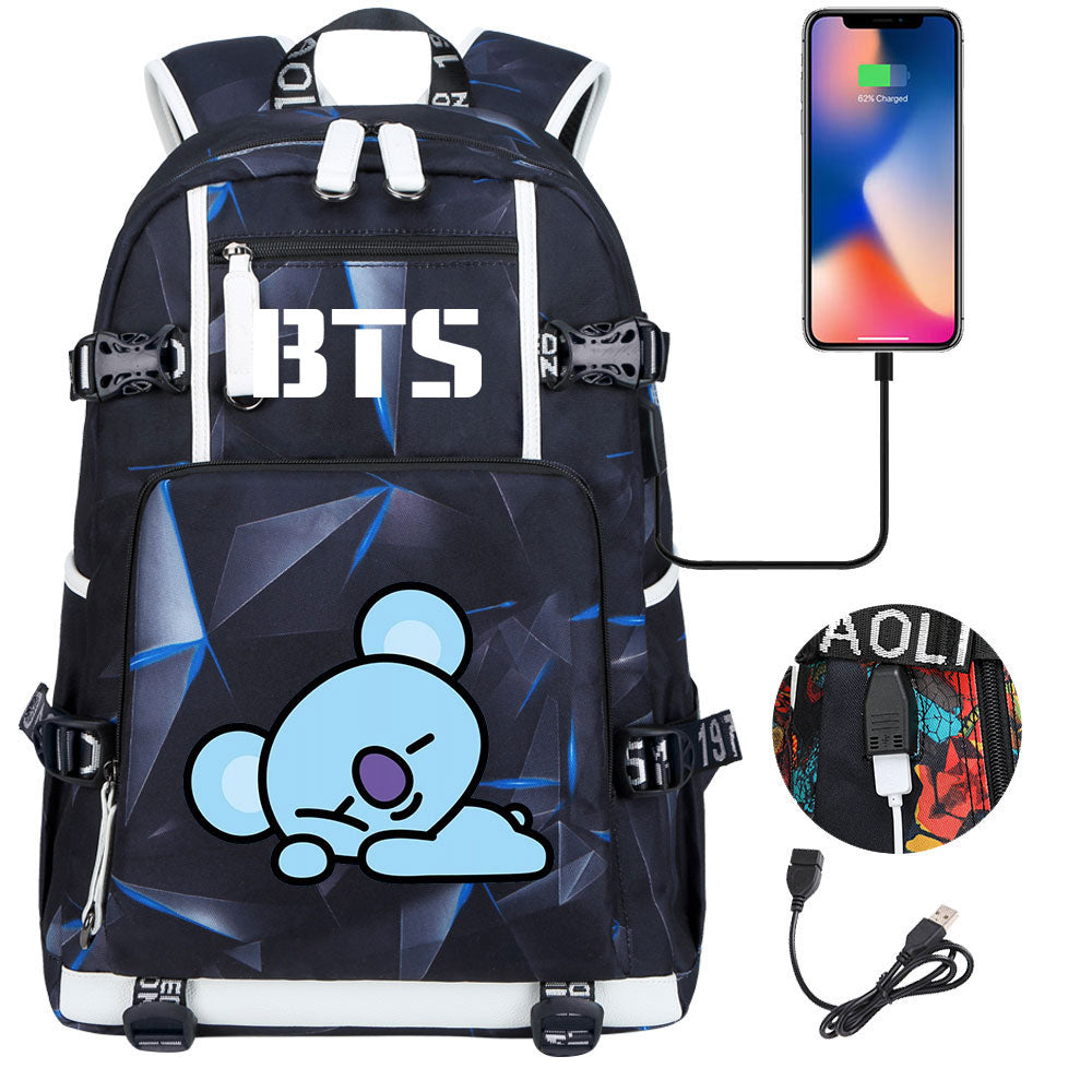 BTS Cartoon Koya USB Charging Backpack School NoteBook Laptop Travel Bags