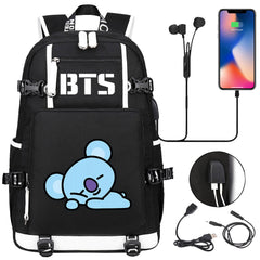 BTS Cartoon Koya USB Charging Backpack School NoteBook Laptop Travel Bags