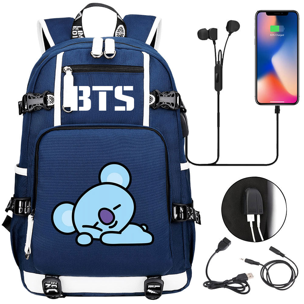 BTS Cartoon Koya USB Charging Backpack School NoteBook Laptop Travel Bags