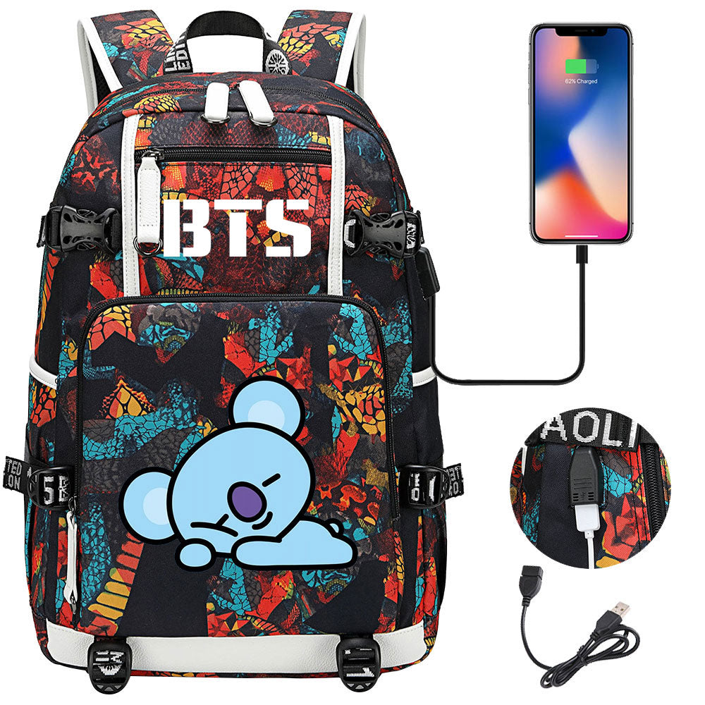 BTS Cartoon Koya USB Charging Backpack School NoteBook Laptop Travel Bags