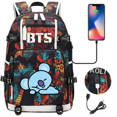 BTS Cartoon Koya USB Charging Backpack School NoteBook Laptop Travel Bags