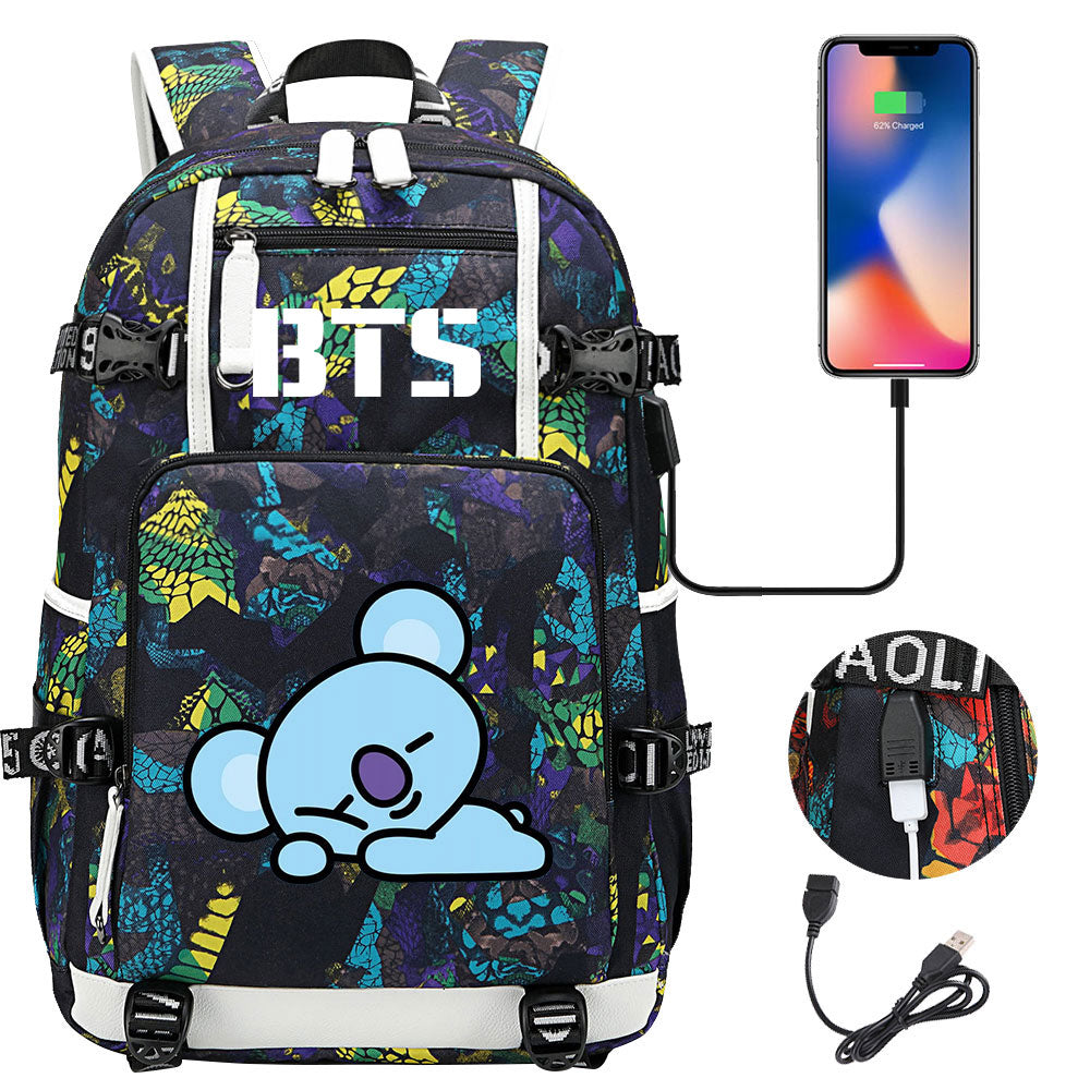 BTS Cartoon Koya USB Charging Backpack School NoteBook Laptop Travel Bags