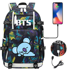 BTS Cartoon Koya USB Charging Backpack School NoteBook Laptop Travel Bags