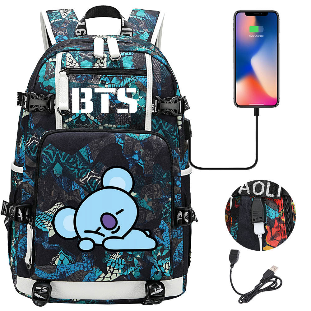 BTS Cartoon Koya USB Charging Backpack School NoteBook Laptop Travel Bags