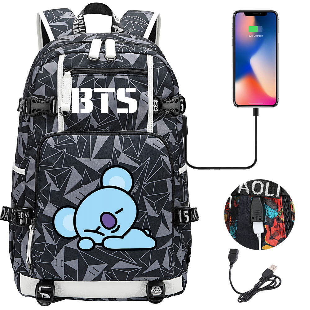 BTS Cartoon Koya USB Charging Backpack School NoteBook Laptop Travel Bags