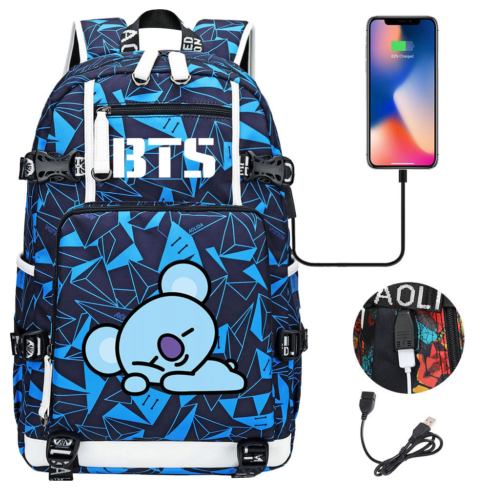 BTS Cartoon Koya USB Charging Backpack School NoteBook Laptop Travel Bags