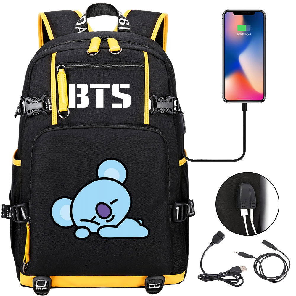 BTS Cartoon Koya USB Charging Backpack School NoteBook Laptop Travel Bags