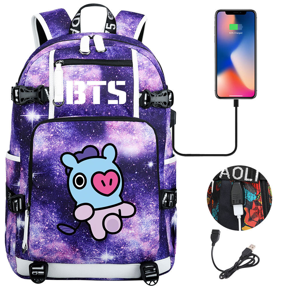 BTS Cartoon Mang USB Charging Backpack School NoteBook Laptop Travel Bags