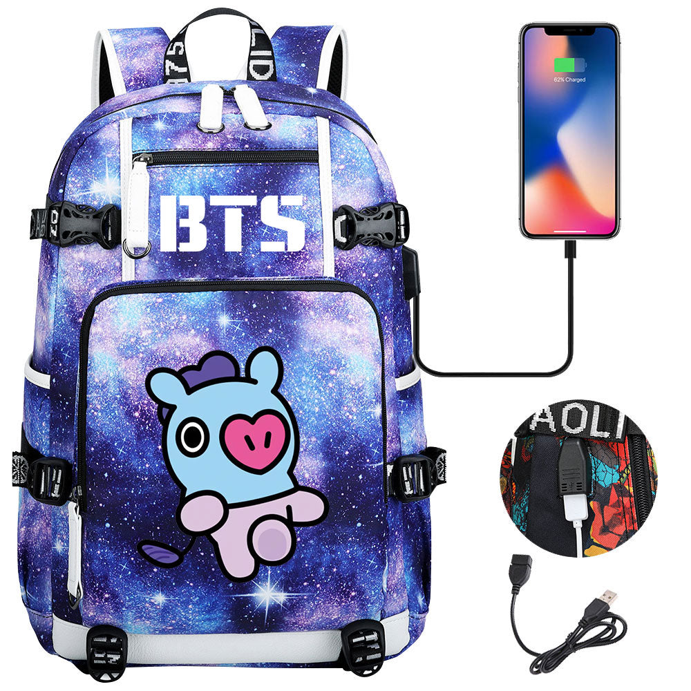 BTS Cartoon Mang USB Charging Backpack School NoteBook Laptop Travel Bags