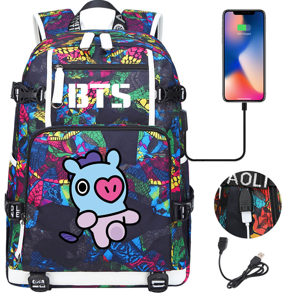 BTS Cartoon Mang USB Charging Backpack School NoteBook Laptop Travel Bags