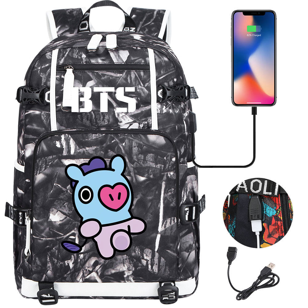 BTS Cartoon Mang USB Charging Backpack School NoteBook Laptop Travel Bags