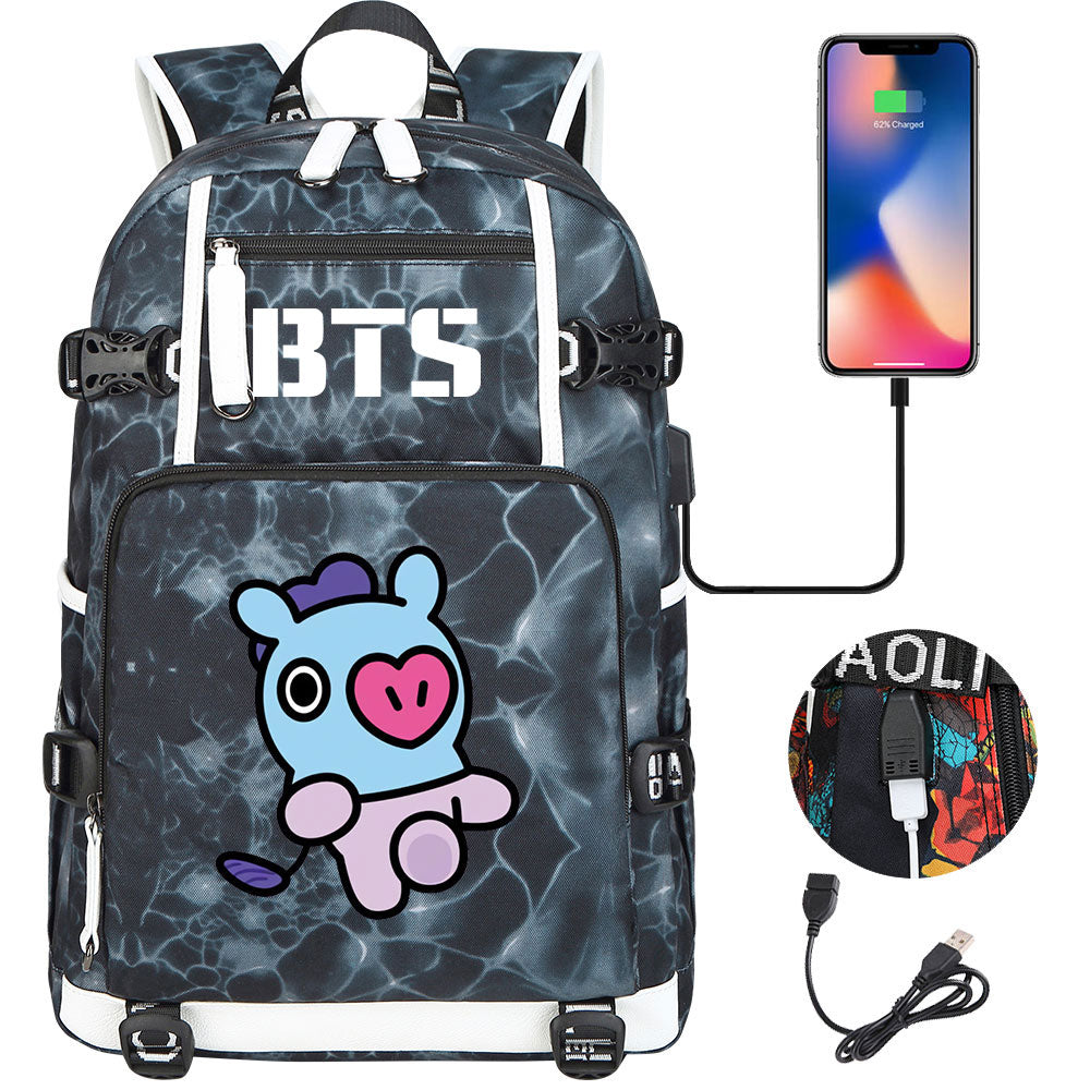 BTS Cartoon Mang USB Charging Backpack School NoteBook Laptop Travel Bags