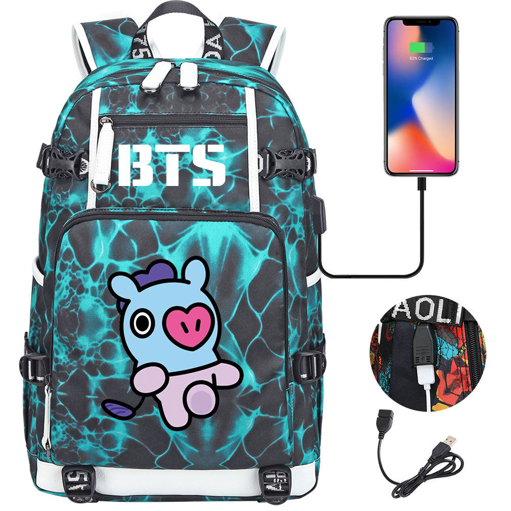 BTS Cartoon Mang USB Charging Backpack School NoteBook Laptop Travel Bags