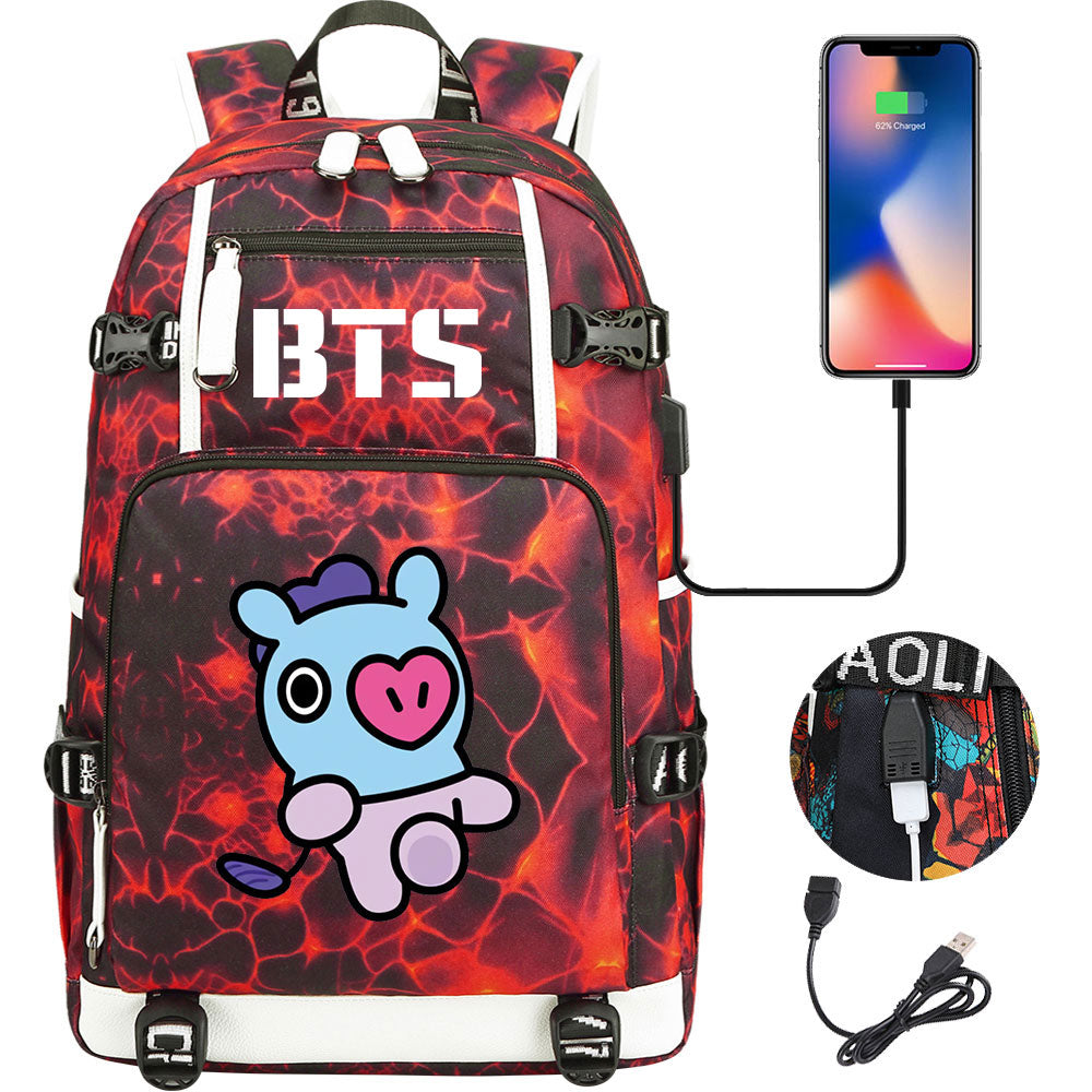 BTS Cartoon Mang USB Charging Backpack School NoteBook Laptop Travel Bags