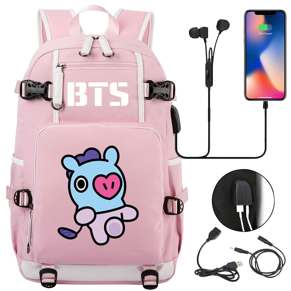 BTS Cartoon Mang USB Charging Backpack School NoteBook Laptop Travel Bags