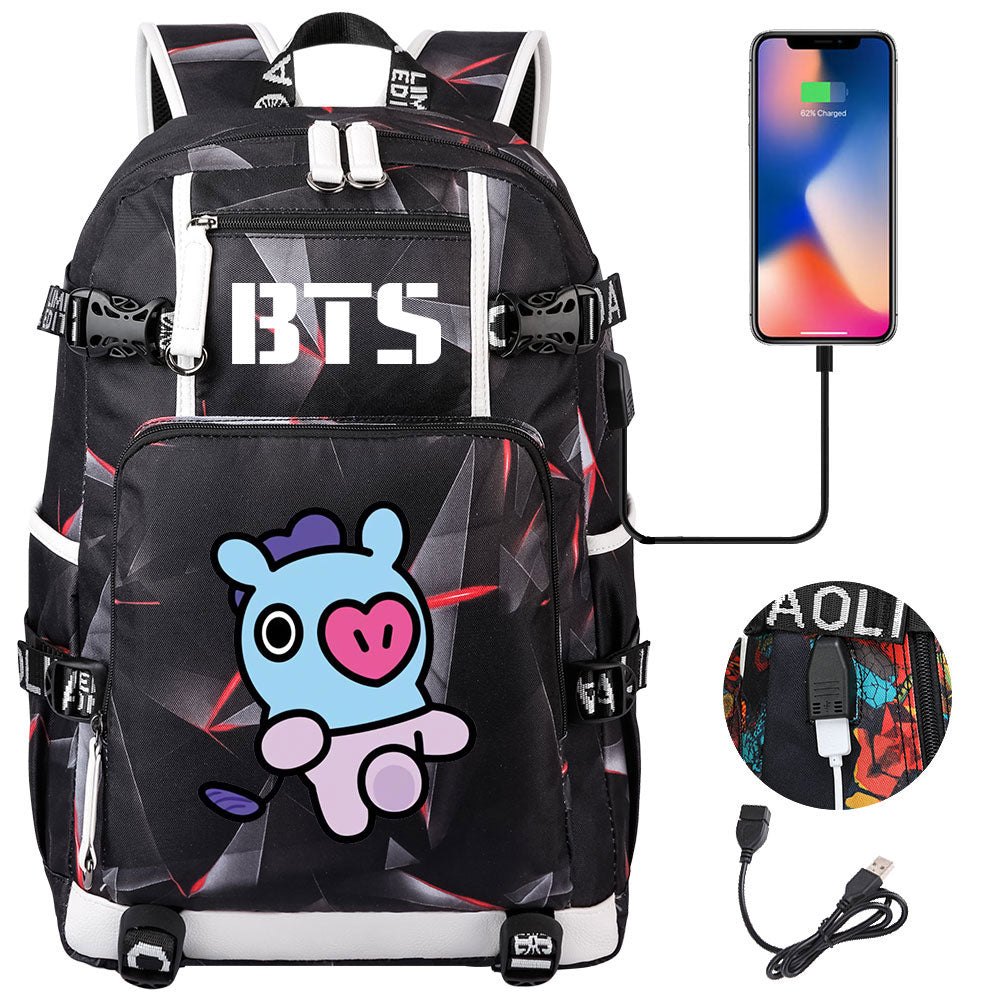 BTS Cartoon Mang USB Charging Backpack School NoteBook Laptop Travel Bags